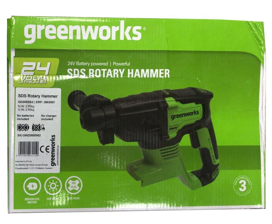 Перфоратор аккумуляторный Greenworks 24V 2 Дж GD24SDS2, бесщёточный, без АКБ и ЗУ