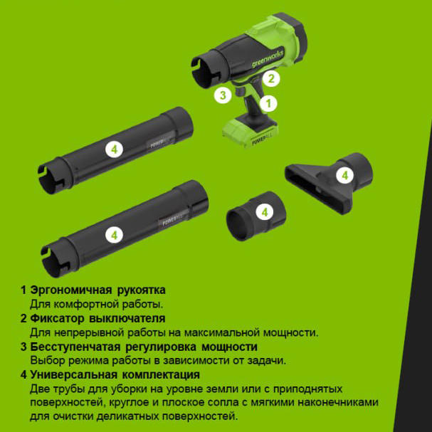 Воздуходувка аккумуляторная Greenworks 24V BL2500C пистолетного типа, бесщёточная, без АКБ и ЗУ